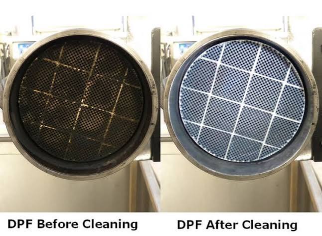 Filtro DPF sucio a la izquierda y limpio a la derecha