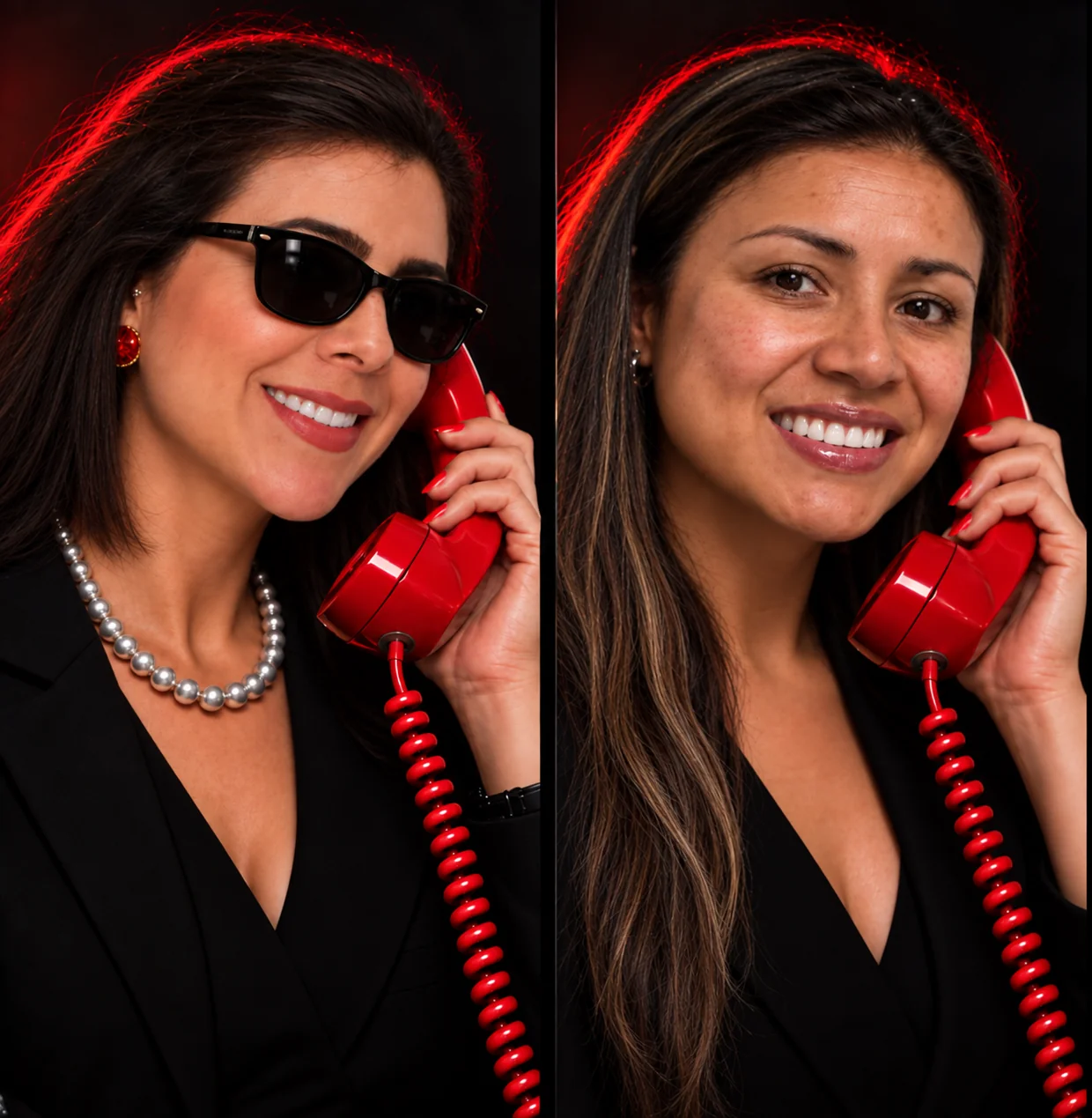 Dos mujeres sonriendo con teléfonos rojos; la mujer de la izquierda lleva lentes de sol